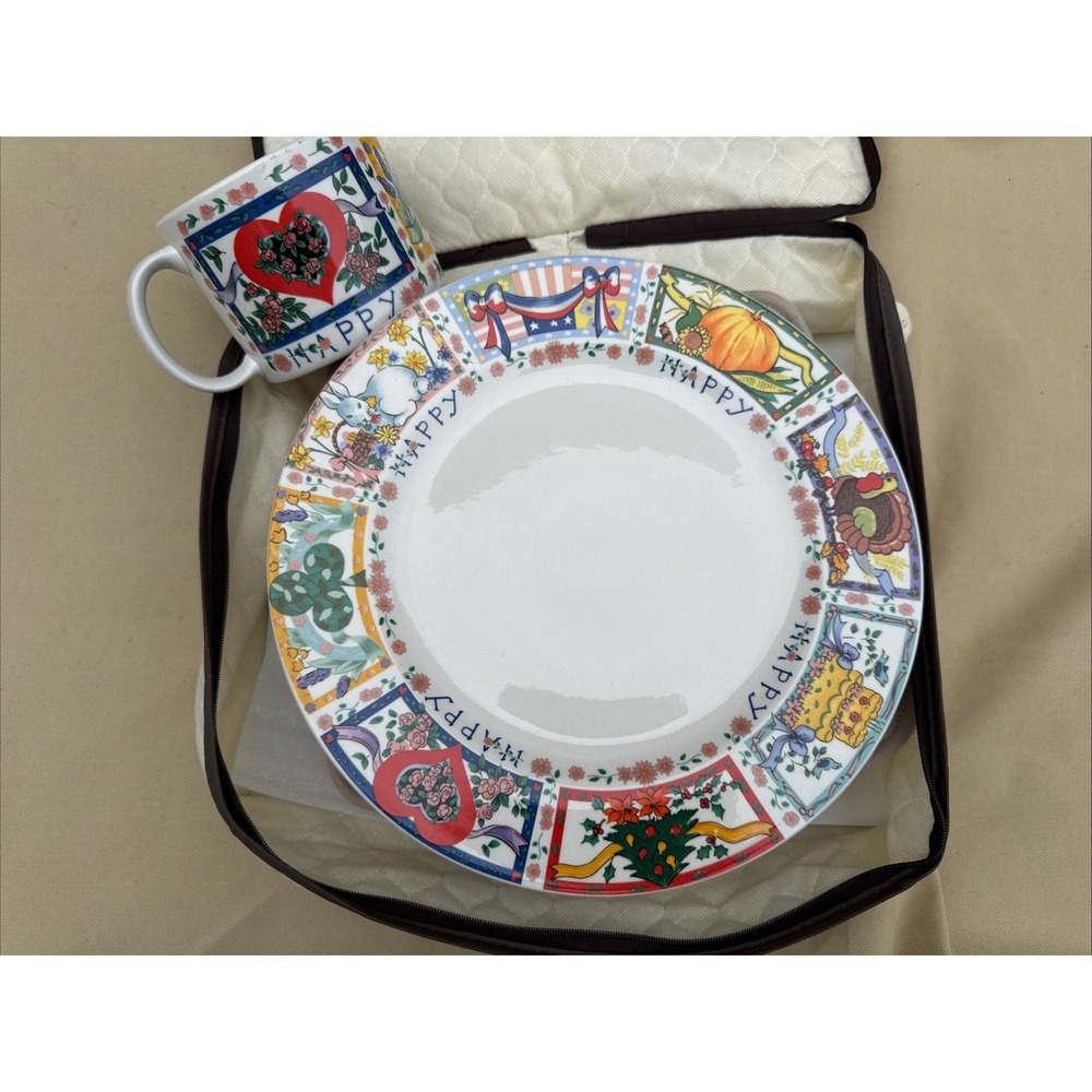 14 Piece Tabletops Unlimited Happy Everything 8 Dinner Plates 6 Mugs Cups